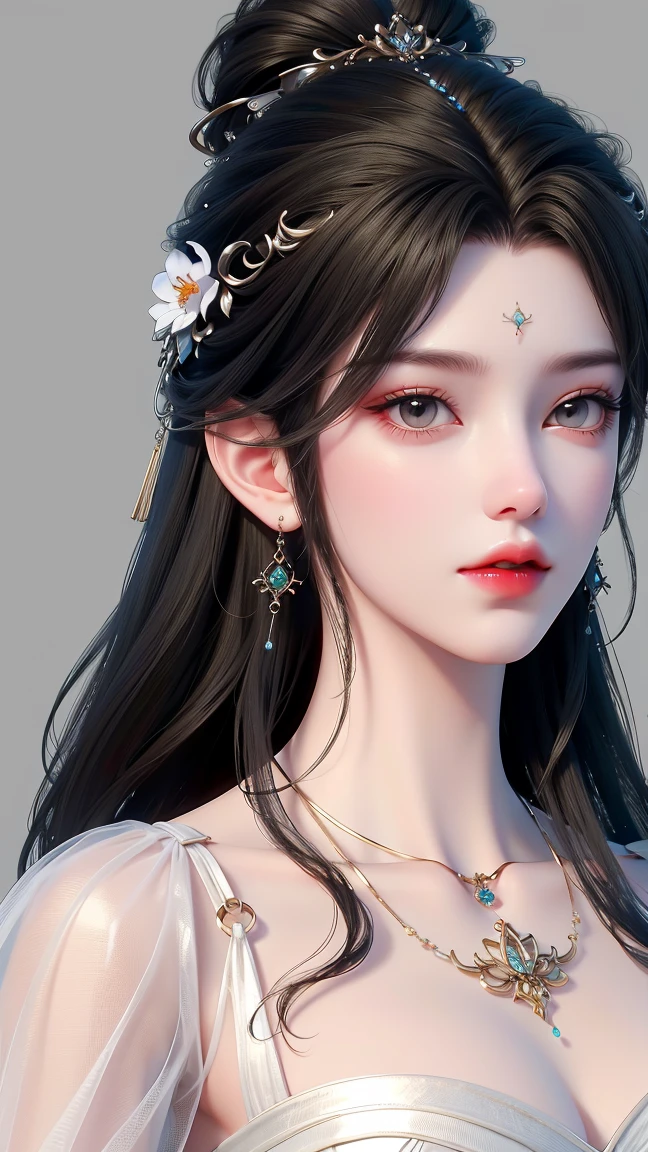 (masterpiece),(best quality:1.5),8k,absurdres,highres, Glowing skin:1.3, shiny skin, oil skin, 
luxueqi,
1girl,solo,jewelry,hair ornament,crystal earrings,earrings,long hair,black hair,forehead mark,crystal,crystal hair ornament,alpha transparency,see-through,hair bun,dress, white dress,facial mark,simple background,realistic,expressionless,single hair bun,closed mouth, (upper body), outdoor, garden, fingers to mouth,