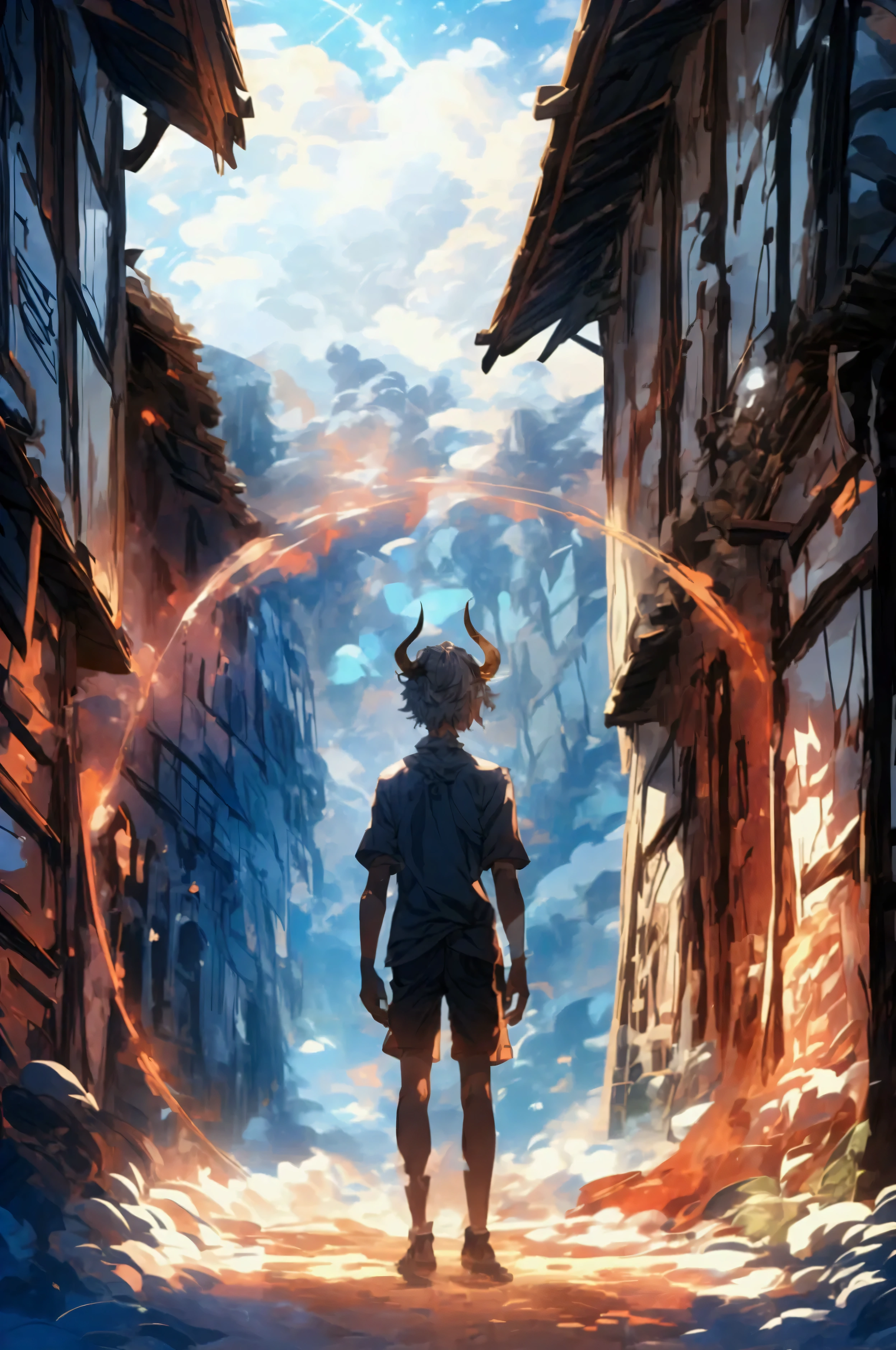 a fifteen year old boy standing near a dilapidated house made of old woodin, gray shaggy hair , gray shimmering eyes , very dark skin , two horns on the head , simple dark shirt and shorts, medival town, creating a large red shimmering magic cirlce on the ground