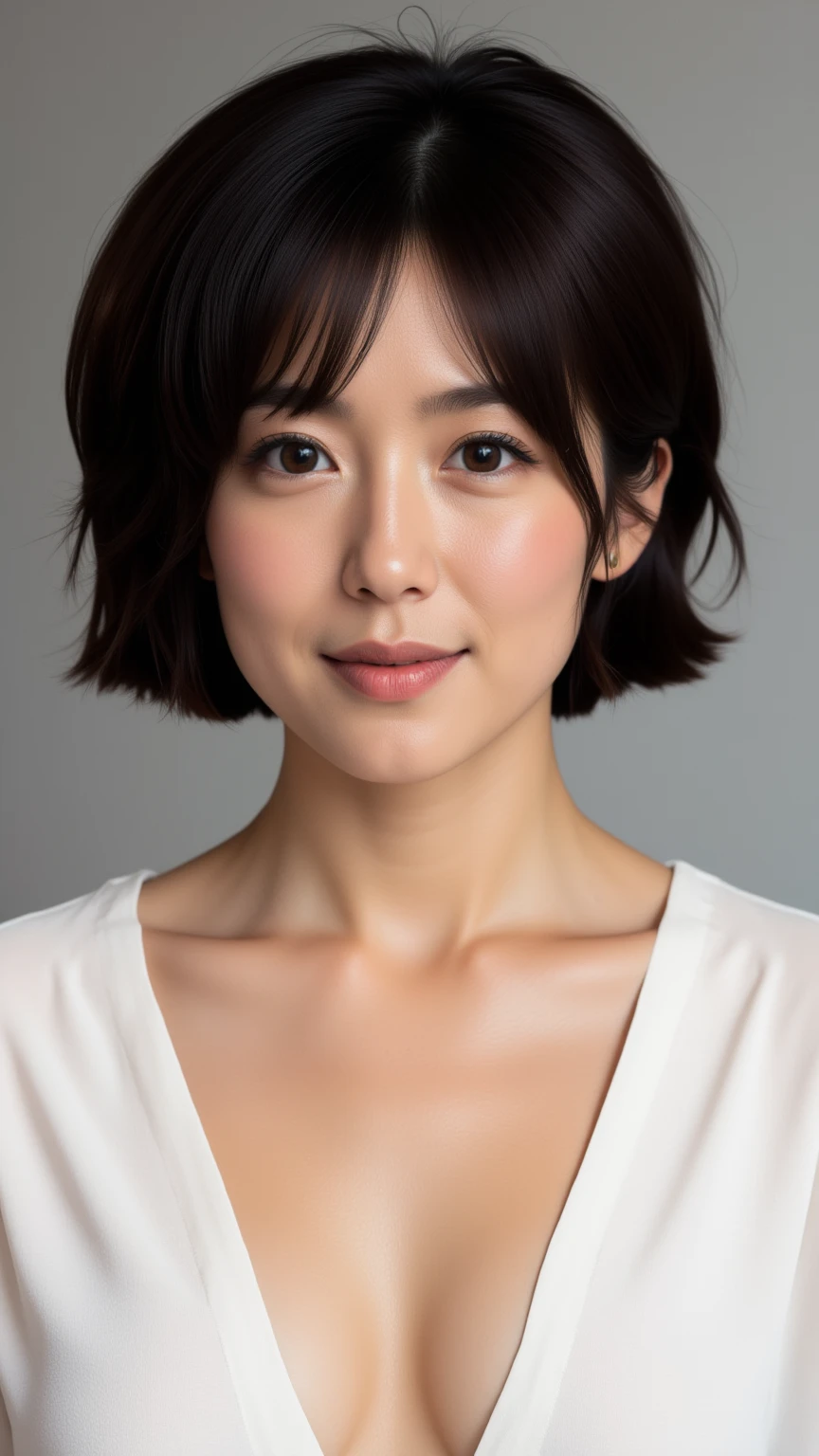 a portrait of a woman with short black hair, beautiful flawless skin, wearing a low-cut white blouse, with a calm and elegant expression, highly detailed, photorealistic, 4k, masterpiece, ultra-detailed, realistic, vivid colors, studio lighting, sharp focus, physically-based rendering