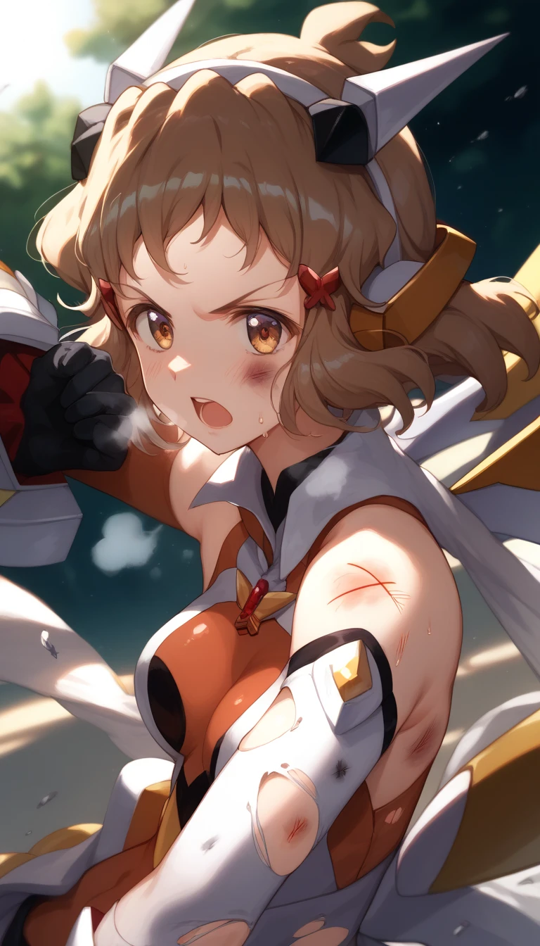  top quality ,  soft light during the cruise,  super high res,  cute, Beautiful face in every detail , high resolution details of human skin texture, shiny skin,sweat,Heat, white breath ,Take a deep breath,Hibiki Tachibana,Brown Hair,, battle costume,Outdoor Arena,sunlight, serious eyes,Ready, Symphogear ,armed gear , open mouth ,Fighting pose,bruised body, hair ornament, torn clothes ,Short Hair,,whole body,Enhanced form ,Wings growing on his back