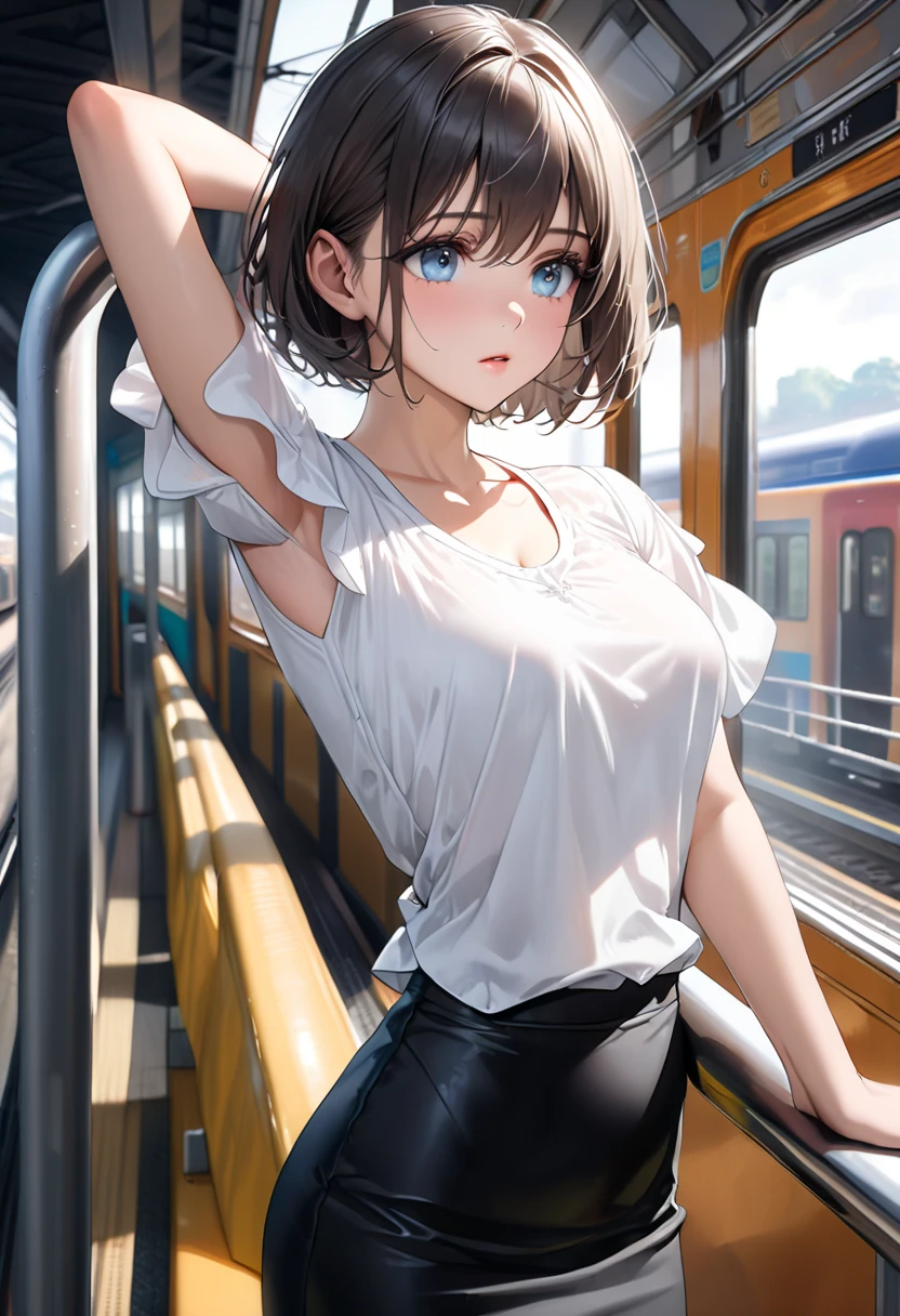 (), big star piece), highest quality, very detailed, (watercolor), bloom, delicate and beautiful, shape, (from below),(1 girl:1.4), (alone:1.2), big breasts, (ribbed sweater:1.3), off shoulder sweater, bare shoulders, ((black skin:0.8)), hair like beautiful eyes ), photograph, over the shoulder shot, Written by Alex Malev, Professional, canon camera, nikon camera, sharp, Bokeh, studio quality, fisheye lens, Written by Robert Capa ,belly button,(((Lower body naked))),(((butt))),in the train,crowd,Holding a strap
