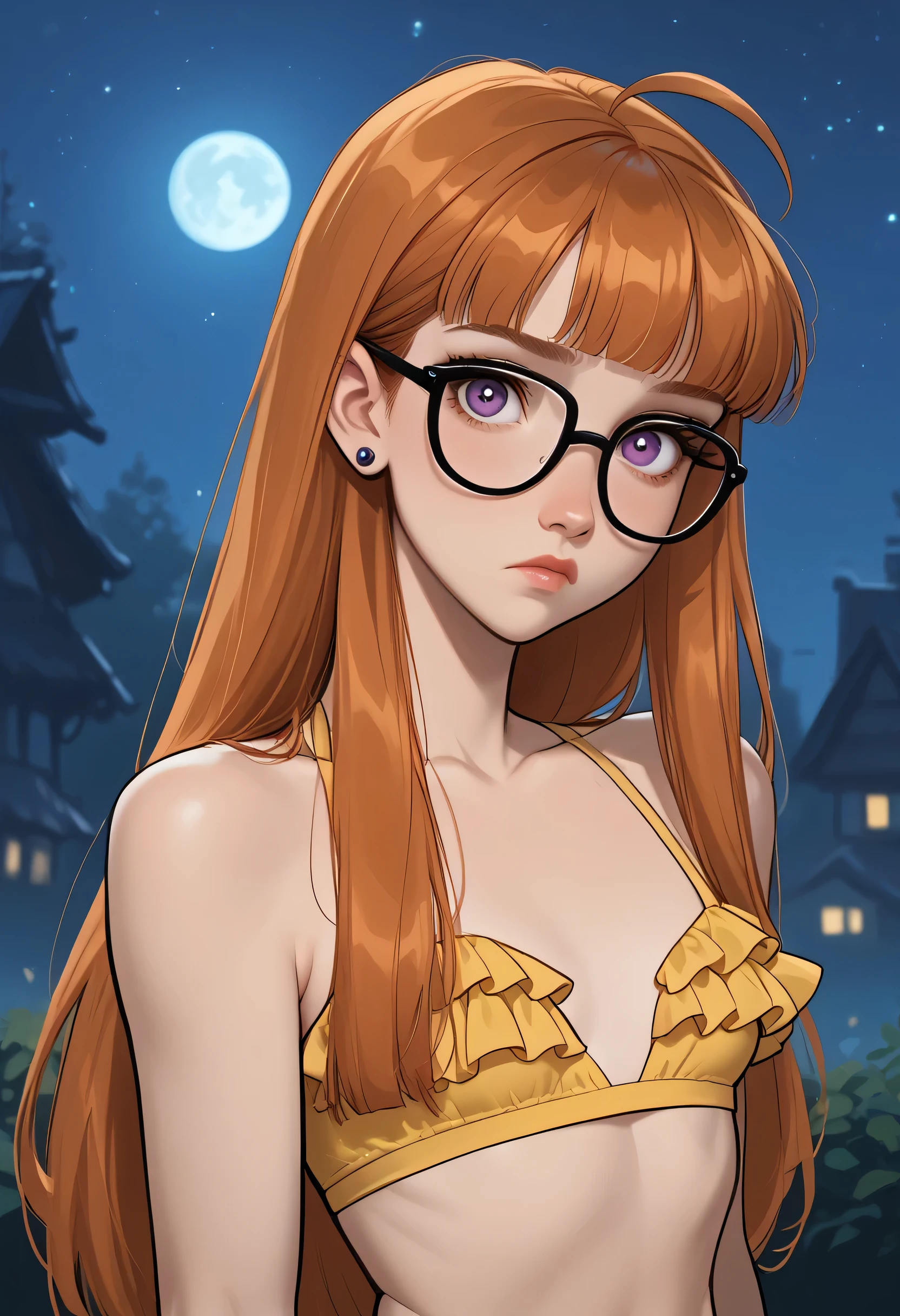 1girl, sad expression, earrings, (small breast, ultra thin body:1.4), futabaswim, orange hair, long hair, blunt bangs, (glasses), ahoge, purple eyes, yellow bikini, frilled bikini, navel, midriff, looking at viewer, portrait. (NIGHT:1.4). score_9, score_8_up, score_7_up. Disney Style.