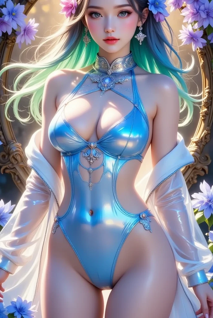 blue haired woman in metallic blue dress
