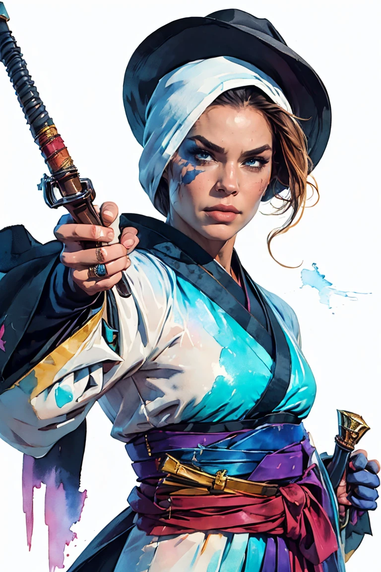 Figurative art, rich watercolors, detailed watercolor art, splashes of watercolor, incomparable glass of water, surrealism, avant-garde pop art, beautiful and expressive paintings, glowing designs, Korean grim reaper demonstrating special abilities, dynamic movement, signature weapon, jewelry, wearing a hanbok-inspired robe, face covered with a hat.