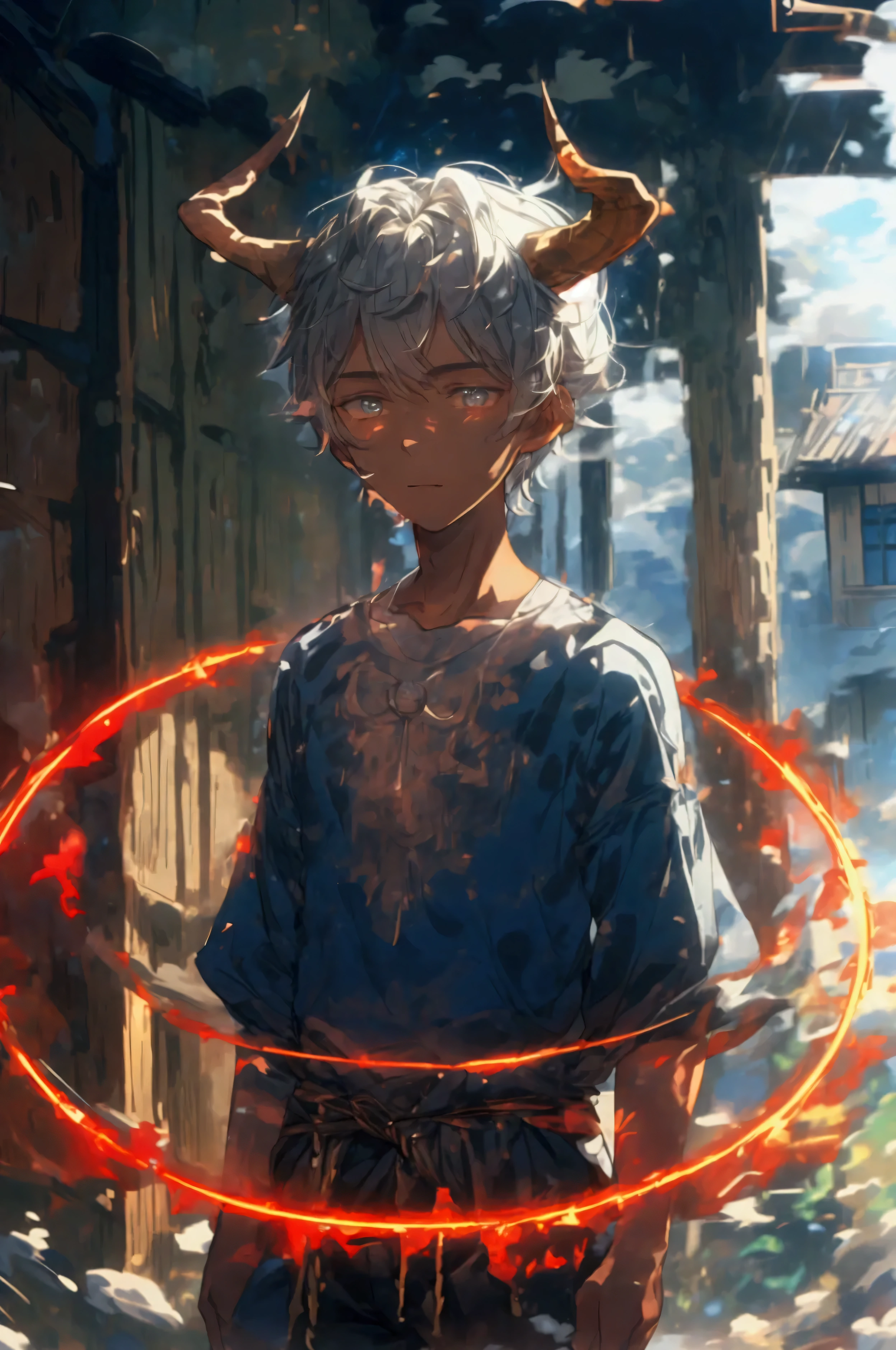 a fifteen year old boy standing near a dilapidated house made of old woodin, gray shaggy hair , gray shimmering eyes , very dark skin , two horns on the head , simple dark shirt and shorts, medival town, creating a large red shimmering magic cirlce underneath him