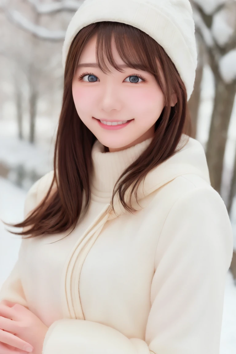   top quality  , ( beautiful)、 beautiful女性、solo、1 person、Precision Eyes、  medium hair 、 small breasts、 upper body、 smiles、Down coat、Snow Scene、 muffler 