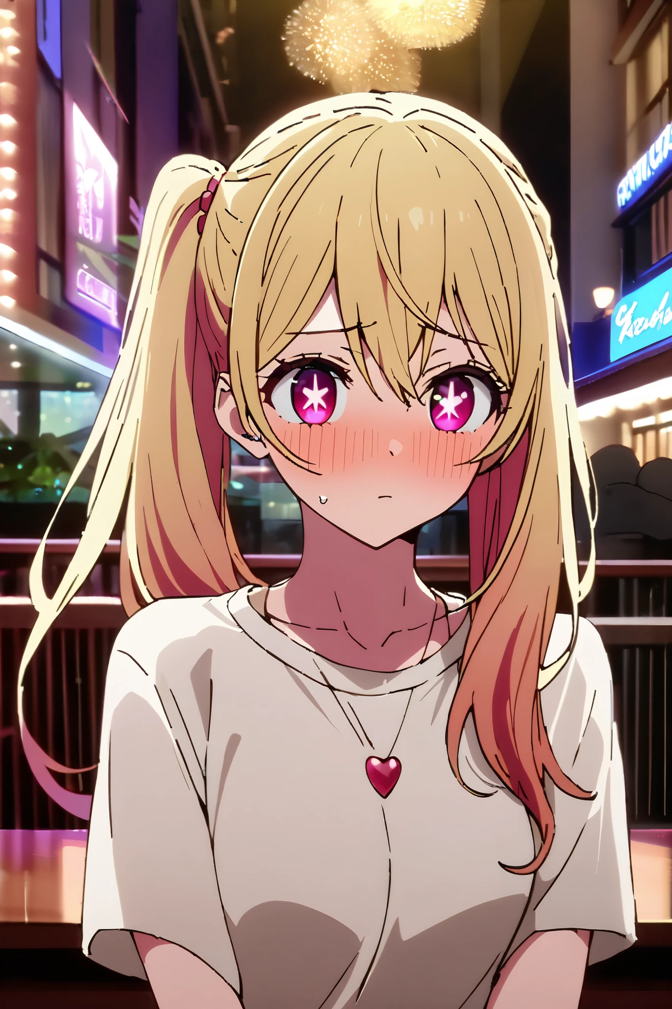NSFW,masterpiece, top quality , high res, very detailed,Hoshino Ruby\(My Favorite \),Star-shaped pupils, long hair, side ponytail,Blonde, casual clothes,Date,Nightlife,Hotel district,Wisdom face
