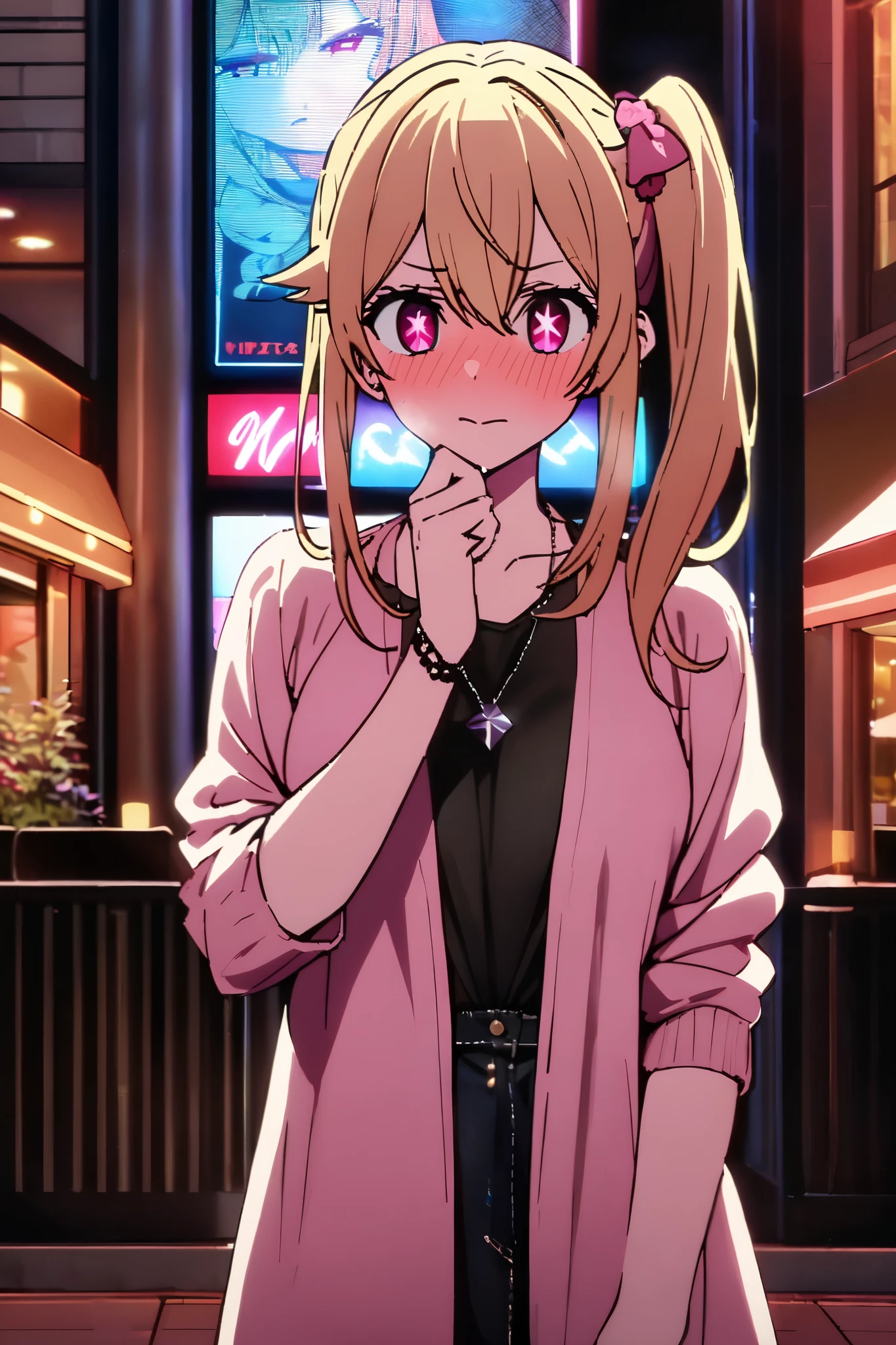 NSFW,masterpiece, top quality , high res, very detailed,Hoshino Ruby\(My Favorite \),Star-shaped pupils, long hair, side ponytail,Blonde, casual clothes,Date,Nightlife,Hotel district,Wisdom face