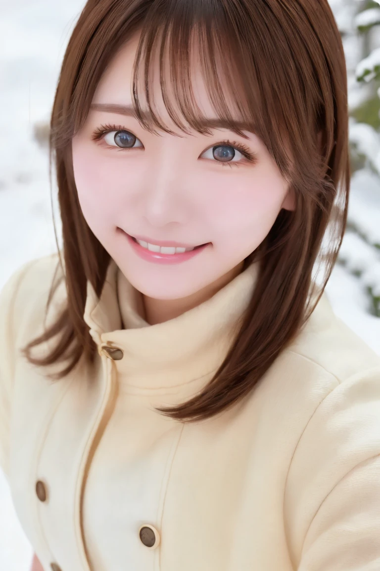   top quality  , ( beautiful)、 beautiful女性、solo、1 person、Precision Eyes、  medium hair 、 small breasts、 upper body、 smiles、Down coat、Snow Scene、 muffler 、Shoot from above