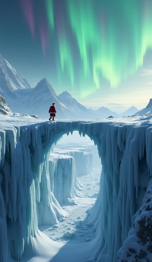 A dramatic scene of Santa walking across a shimmering ice bridge that spans a vast, frozen canyon. The Northern Lights glow brightly in the sky, and Santa’s red coat stands out against the icy blues.