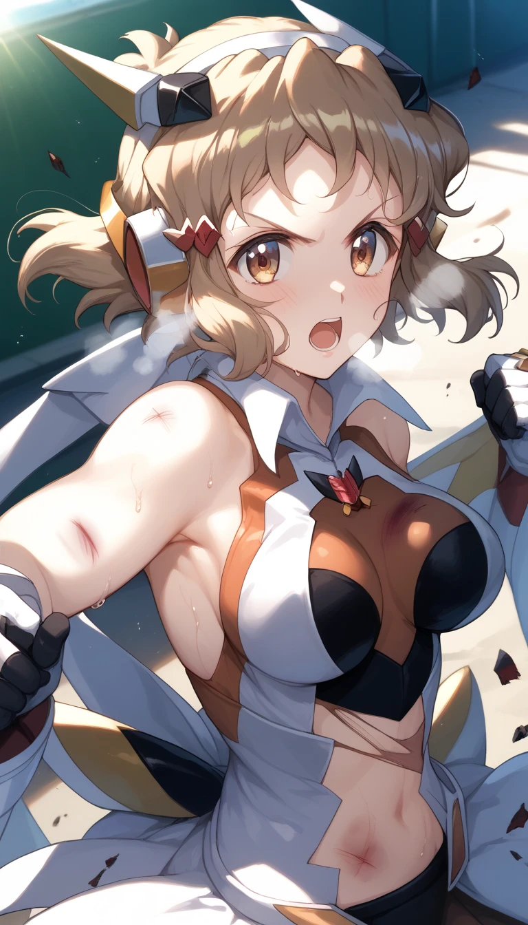  top quality ,  soft light during the cruise,  super high res,  cute, Beautiful face in every detail , high resolution details of human skin texture, shiny skin,sweat,Heat, white breath ,Take a deep breath,Hibiki Tachibana,Brown Hair,, battle costume,Outdoor Arena,sunlight, serious eyes,Ready, Symphogear ,armed gear , open mouth ,Fighting pose,bruised body, hair ornament, torn clothes ,Short Hair,,whole body