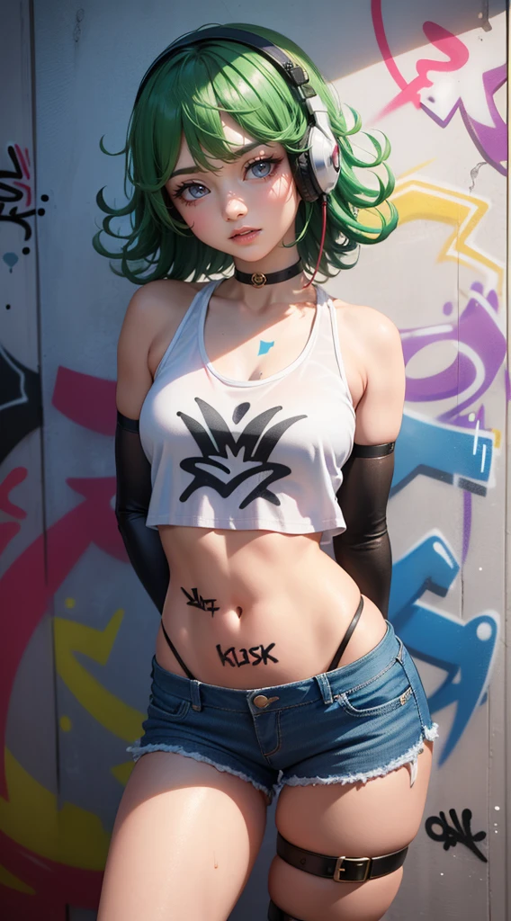 masterpiece, best quality, (extremely detailed CG unity 8k wallpaper, masterpiece, best quality, ultra-detailed, masterpiece, best quality, 1girl, solo, crop top, denim shorts, choker, (graffiti:1.5), paint splatter, arms behind back, against wall, looking at viewer, armband, thigh strap, paint on body, head tilt, bored, multicolored hair, aqua eyes, headset, Tatsumaki,