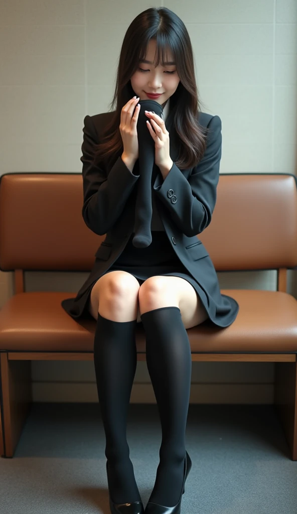 Top quality, masterpiece, High resolution, (Head to toe full body), front, frontやや下からの構図, Symmetric, Tall 18 year old girl, alone, (Head to toe), (Small breasts), Unkempt brown hair, bangs, (black tights), (Black Pantyhose), (Sit with your legs apart), (Crouching pose), (A composition showing white panties), (Her legs were spread、I see your white pants.), (I was made to sit on the floor with my legs spread..), (M-shaped legs), Thin legs, A very beautiful and tall 18 year old girl, (No shoes), blush, Shy big eyes, looking at the camera, Blazer Uniform, Checkered Pleated Skirt