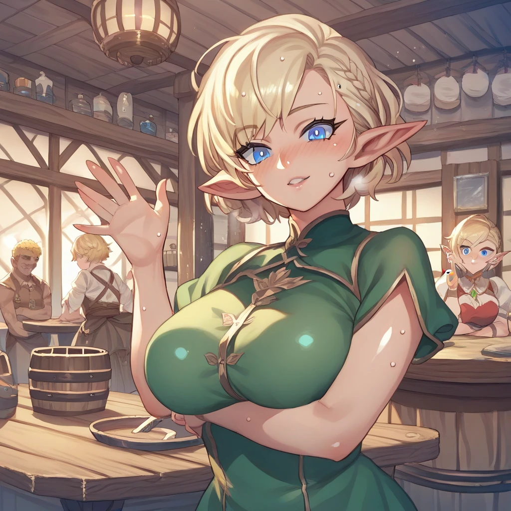 score_9, score_8_up, score_7_up, source_anime, shiny skin, sweat, BREAK ,detailed_background,indoors, 1girl, waving, looking at viewer, short hair, blonde hair, blue eyes, elf ears, large breasts, dress, arm under breasts, tavern