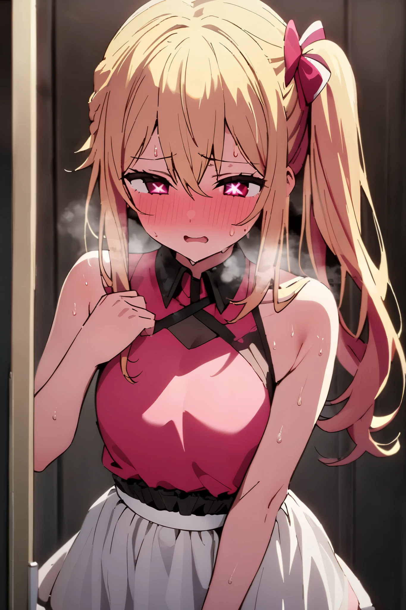 NSFW,masterpiece, top quality , high res, very detailed,Hoshino Ruby\(My Favorite \),Star-shaped pupils, long hair, side ponytail,Blonde,Idol,dressing room,sweat,Heavy breathing