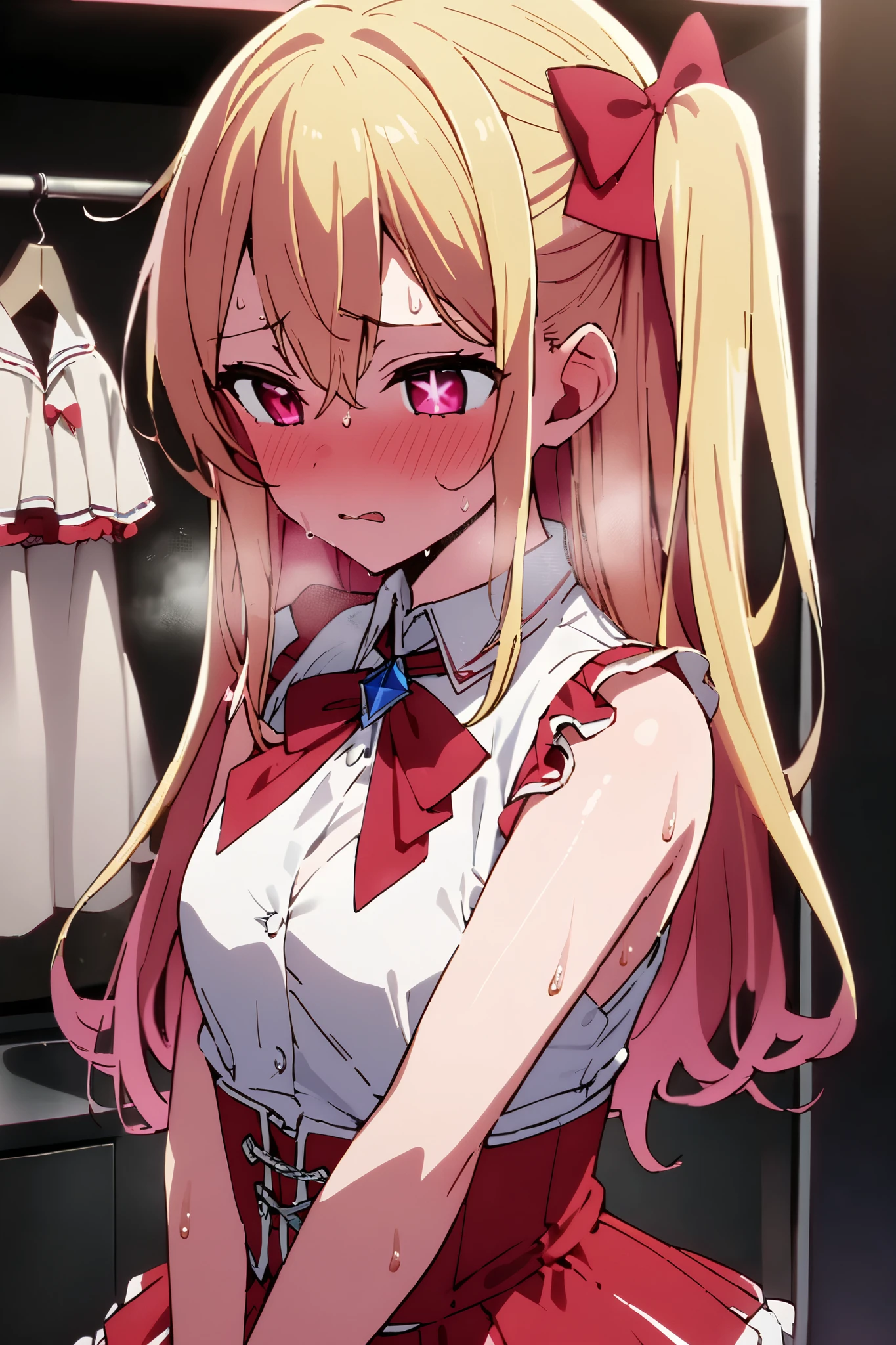 NSFW,masterpiece, top quality , high res, very detailed,Hoshino Ruby\(My Favorite \),Star-shaped pupils, long hair, side ponytail,Blonde,Idol,dressing room,sweat,Heavy breathing