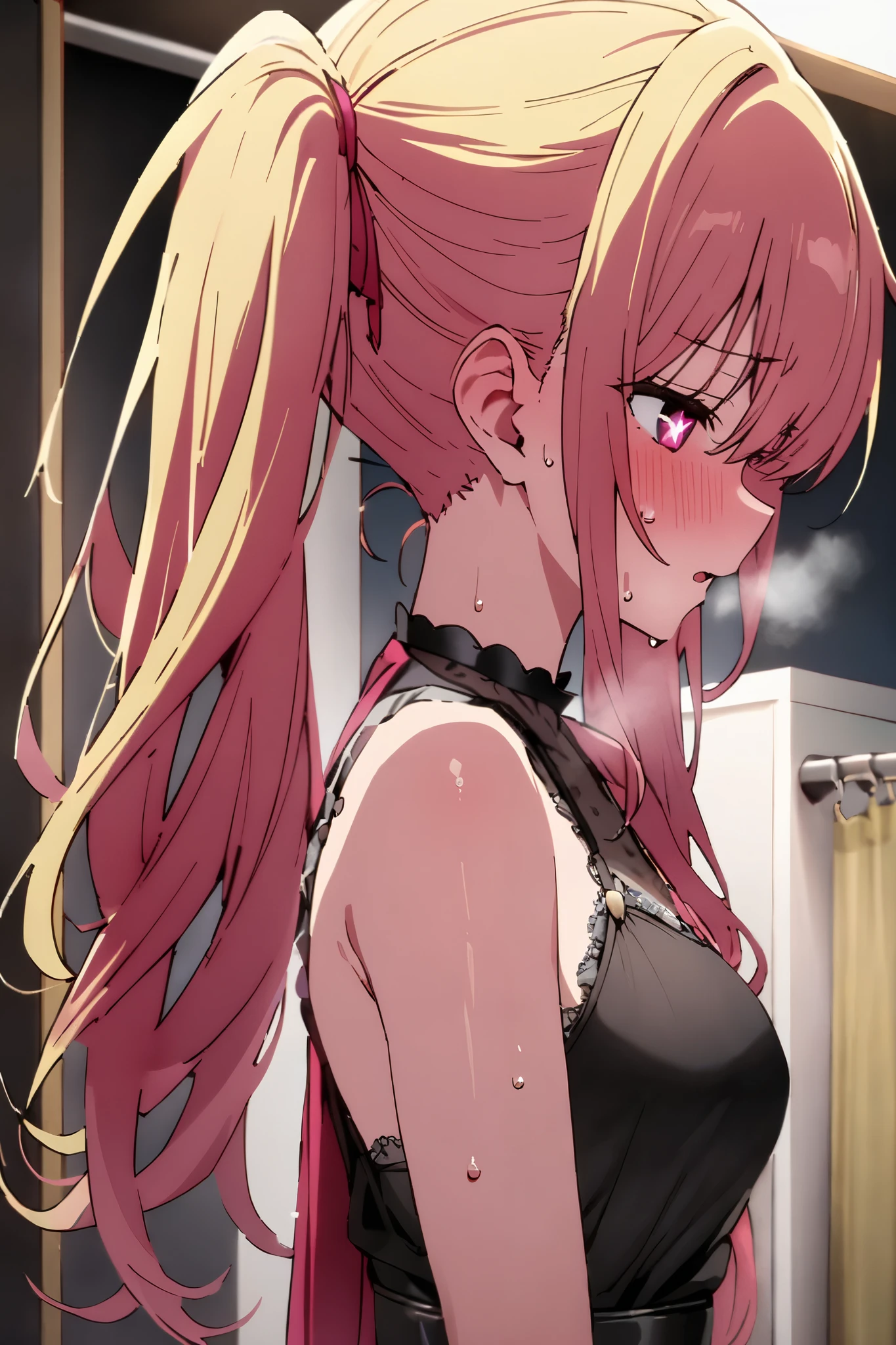 NSFW,masterpiece, top quality , high res, very detailed,Hoshino Ruby\(My Favorite \),Star-shaped pupils, long hair, side ponytail,Blonde,Idol,dressing room,sweat,Heavy breathing