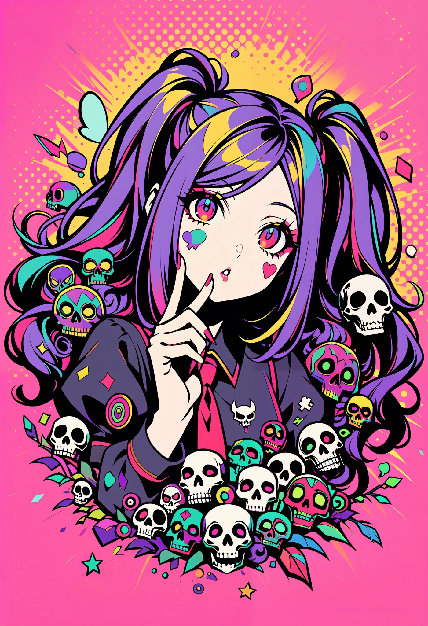 Full Body、1 person、sleep、sleep、Lie、Lying down、ridicule、Finger prick、Black Hair、Black Feather、Gothic Punk,anime zombie witch design, crossbones, skulls, street wear design, pro vector, Horror style, full design, 6 colors only, solid colors, no shadows, full design, sticker, bright colors, white background.super fine illustration, defjill, long hair, twintails, purple hair, red eyes, sidelocks, swept bangs, collared white shirt, red necktie, puffy sleeves, (((beautiful fine hair))),(((beautiful fine face))),(((beautiful fine background))),(((beautiful fine hair))),(((beautiful fine face))),(((beautiful fine background))),Midsummer, pop art style