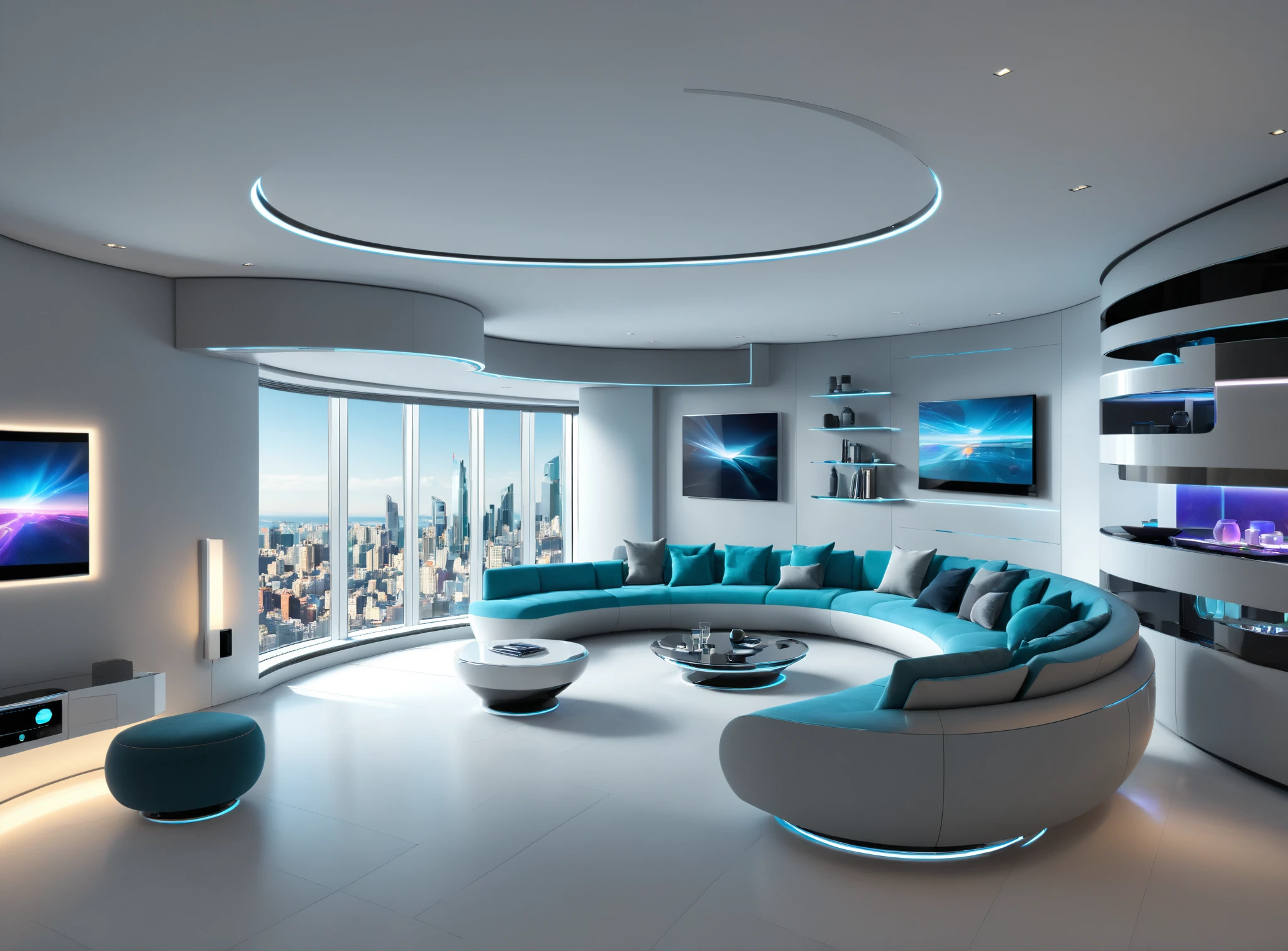 A futuristic luxury apartment spanning two open floors. The living room features curved walls, a bioethanol fireplace, and modular furniture with built-in lighting. The kitchen is cutting-edge, with smart appliances, touch-activated cabinetry, and a holographic recipe display. Panoramic glass walls use smart technology for adjustable transparency, offering city views or complete privacy. Upstairs, the master suite includes an automated bed, a glass bathroom with chromotherapy lighting, and a private media lounge. The apartment is equipped with AI-controlled lighting, sound, and temperature systems.