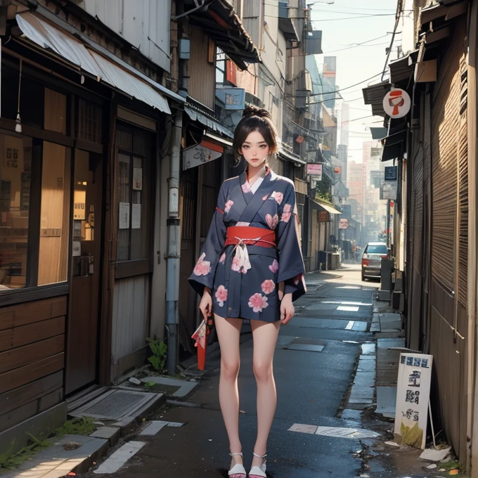 samurai(woman)、両手にknife、knife(long)、Shameless、Japanese clothing(Sukesuke's yukata )、 cyberpunk art、 digital art 、 top quality 、 Masterpiece、Standing with your legs apart、Bare legs、Japanese-style streetscape、