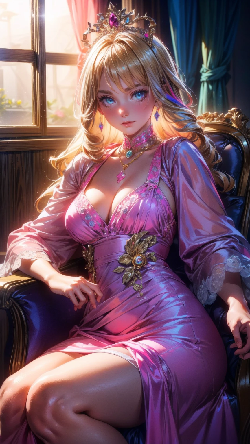 (  girl),(  very detailed目,  very detailed顔), ( realistic にสุดๆ,  high res ), (  top quality :1.4), (  top quality ), 5, Midea, 1人の girl,score_9, score_8_ up, score_7_ up,  real skin texture deep into the night,  RAW photos , ( realistic に,  realistic :1.37),  very detailed,  Pro Pictures , (masterpiece:1.3,  top quality ,  Ultra High Resolution ,  ultra More), ( realistic , photo realistic :1.4),  beautiful illustration ,  perfect lighting,  natural light,  depth of field , beautiful detailed hair,  beautiful detailed face , beautiful detailed eyes,  beautiful collarbone,  beautiful body ,  beautiful breasts ,  beautiful thighs,  beautiful legs,  look under her beautiful fingers,  viewers、,   girl1人, difficult,Alone,(8k,  top quality , masterpiece: 1.2),  Ultra high definition ,,  Marie Antoinette ,  Super Detailed Color ,fine grain, mouth slightly open ,( blondes), long hair,   Wavy Hair in Front of the Station  , break,Rococo Ruffle Dress, long sleeve dress,  dress for lying on a wooden boat has a long skirt ,  Baroque Dress  ,   intricate fantasy dress  , Luxurious and glamorous dress ,   romantic dress, Frilled outfit  ,lottery, Data Style,  Formal wear, Fancy Fashion, palate colors include  pink and white,( pink:1.5),Class A Smile, Gold Tiara ,   necklace , sit in a luxurious chair,   You Need to Touch Your Hands   ,(  rainbow light  :1.4),,  the side face of a person looking out of the window  , Rosebush is reflected in the window  ,(Inside Victoria Palace)、Her eyes are shining、今彼女の blondesの髪は腰まで伸びている、Rose-colored gradation and three, 薄い pinkのロック. 彼女は花柄の装飾が施された Gold Tiara を着用し、  Matching earrings    , white flower choker. 彼女は金色のボタンで縁取られたフリル付きの白いストライプの pinkのトップを着ている, The white sleeves are in the shape of a bud  ..   with a magenta ribbon flowing out of her chest  ..、 tied at the back of her neck 、Matching chest piece, Decorated with flowers.  her frilly skirt is separated by a white line ,  a dress with a large magenta ribbon 、Decorated with gold,   There is a small ribbon on the back  . Her mini skirt、薄い pinkのマゼンタの貝殻状の裏地と白い花のペチコートでできている. 彼女は pinkの花がついた白い手袋も着用している, 白と薄い pinkの靴には、ゆるいカフとDecorated with flowersたマゼンタのリボンがある.
