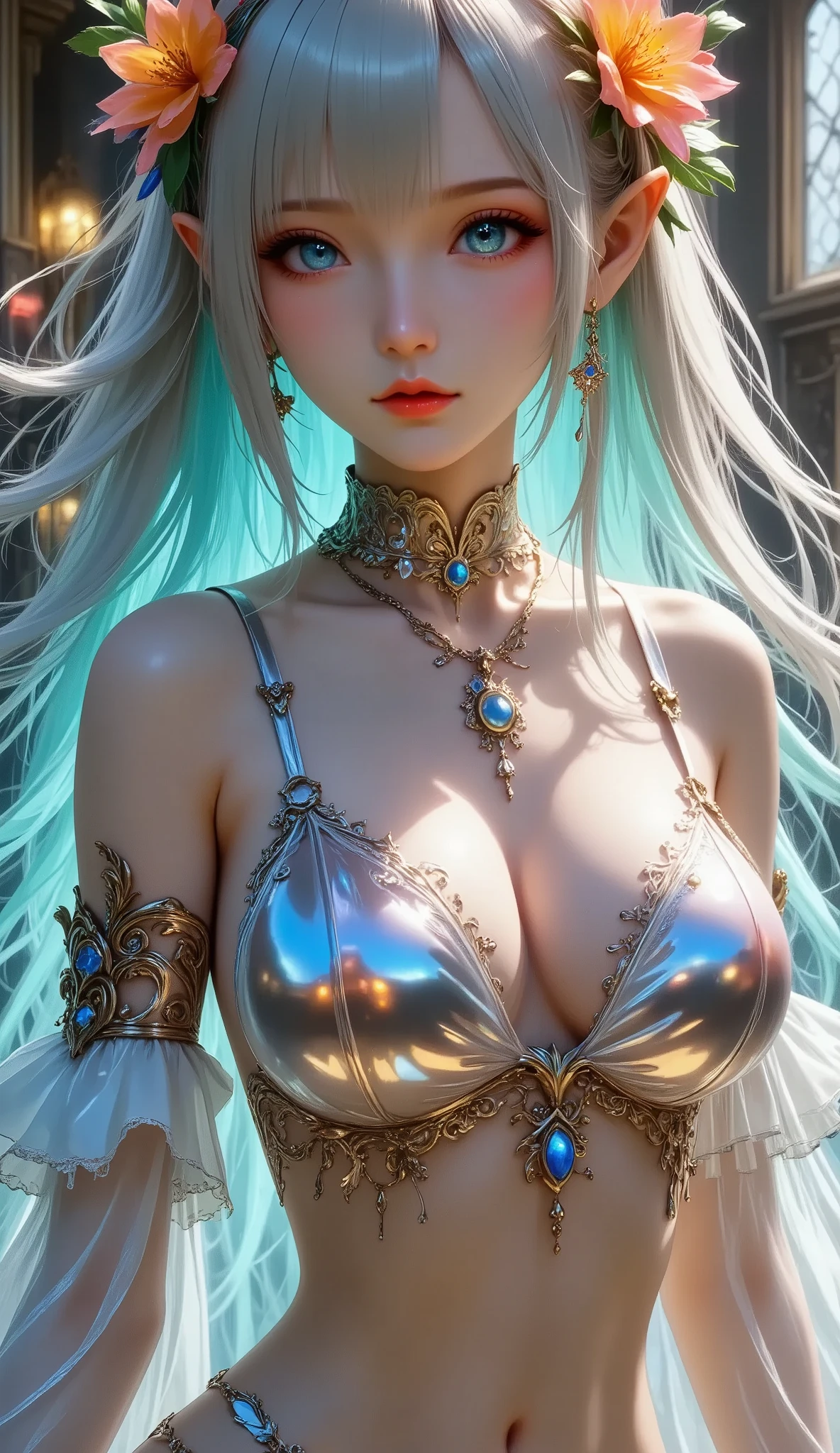 Ultra-detailed complex 3D rendering of the face, (masterpiece, top quality, octane rendering,), glamour shots full body image, very beautiful young elves, cleavage, (highly detailed skin: 1.2), (exposure: 1.1), ((blue micro bikini: 1.95)))). , 8k, (((very soft breasts)), (((conspicuous large pink areola)), beautiful Caucasian woman with white skin with full soft breasts with big buttocks, one, long braided hair, big breasts, dynamic angles, (((huge breasts: 2.4)), ultra-realistic photos, ((((((silver hair)))), futuristic urban background, facial muscles, (((((detailed and glamorous silver crown)))), In the style of Marvel Comics, ArtStation Trends, Clear Focus, Intricate Details, Very Detailed, Detailed Green Eyes, Sharp Focus, Digital Rendering, Professional, Abs, Lip Gloss, Glossy Skin, Sexy Pose, Golden Tattoo All Over Body, Silver Pattern All Over Body, Silver Lame Skin, Gold Glitter Skin, Mansuji, Buttocks, Jeweled All Over the Body, with silver scales, silver hair,