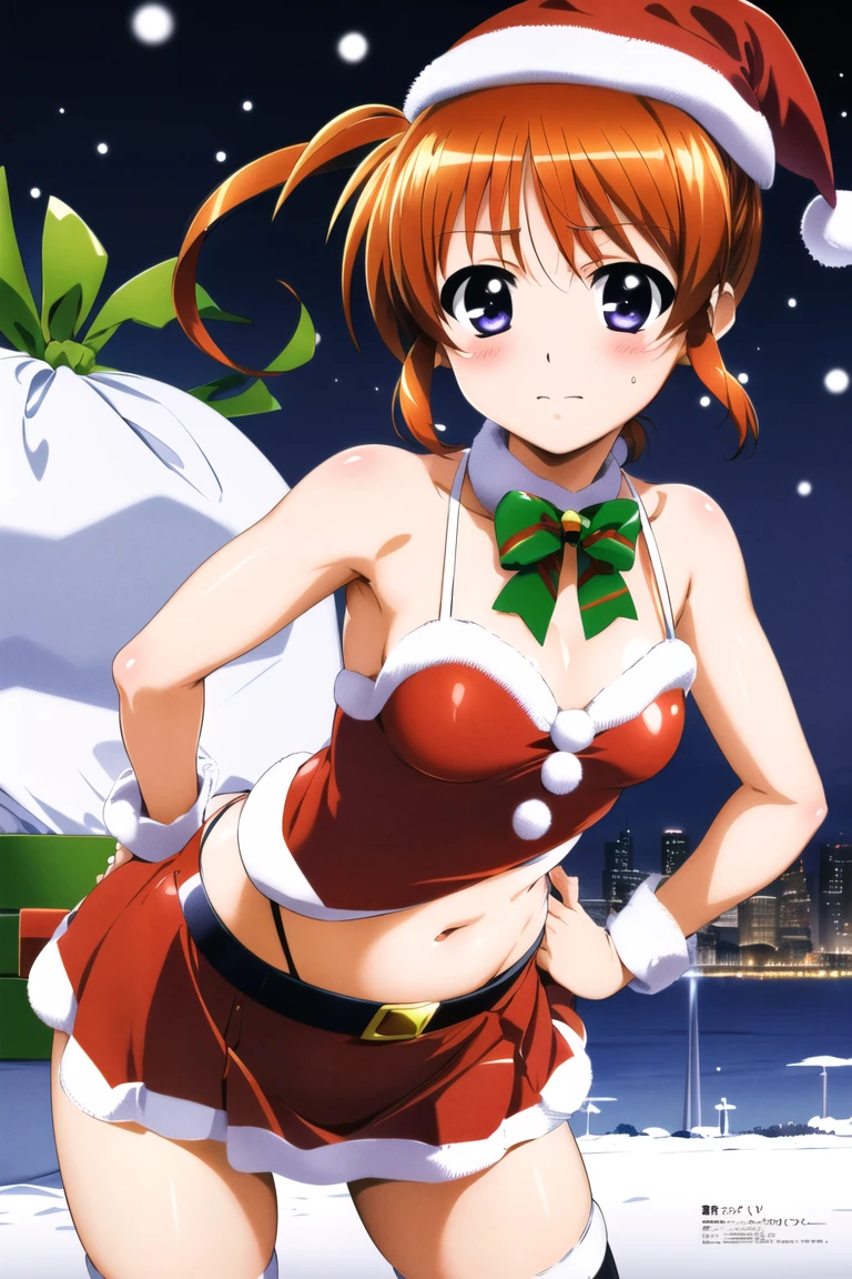 masterpiece,best quality,{{detailed beautiful face and eyes}},
Takamachi Nanoha,{{{megami magazine}}},short hair,orange hair,twintails,white ribbons,hair between eyes,purple eyes,small breasts,
((santa,(santa swimwear:1.3),red swimwear,(zettai ryouiki:1.3),navel,frilled skirt,cuffs,santa hat,bow tie)),
1loli,(is embarrassing,big blush,closed mouth:1.0),
((leaning forward,hand on hip:1.2)),
(night city,snow:1.0),clothed