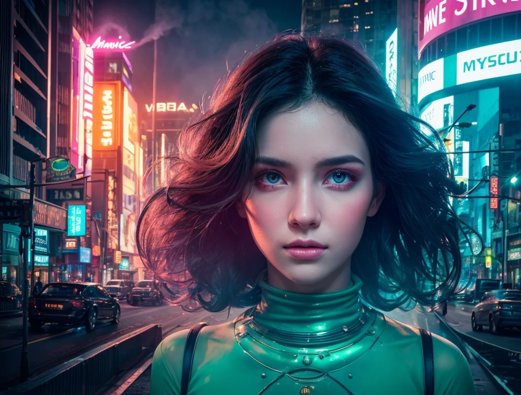 A breathtaking multi-exposure portrait of a girl, her face and figure are broken down into numerous layers, mixing and overlapping in a dazzling array of iridescent colors and textures, with delicate curls of hair and delicate fingers merging with gears, clockwork and ethereal ethereal bundles, against a richly detailed, high-contrast backdrop of a futuristic urban landscape at dusk. With towering skyscrapers, steam plants, and glowing neon advertisements, it's all presented in a stunning 8K poster art style combining the vibrant futurism of Simon Stalenhag, the elegant minimalism of Michal Kartz, and the surreal fantasy landscapes of Ash Thorpe, with bold typography and accents of electric blue, hot pink, and mint green evoking the dynamic energy of the city. on the verge of revolution, where the sensitivity of biopunk and dieselpunk merges with the mysticism of etherpunk, amidst a swirling vortex of smoke, steam and sparkling