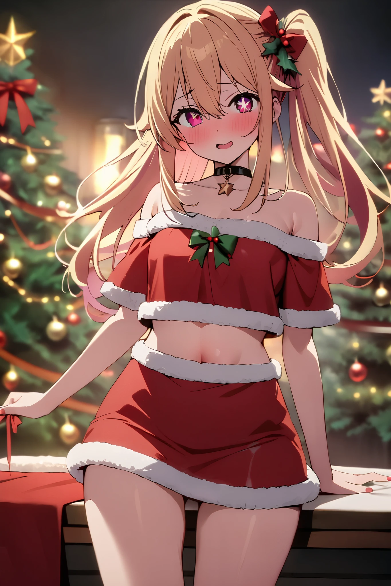 NSFW,masterpiece, top quality , high res, very detailed,Hoshino Ruby\(My Favorite \),Star-shaped pupils, long hair, side ponytail,Blonde, Santa costume , off-shoulder, crop top, miniskirt,Christmas party