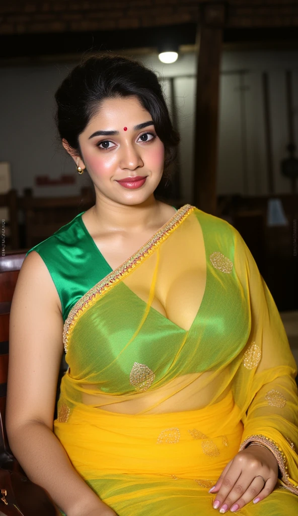 photo of Voluptuous Mature plus size Indian Bengali Aunty with dusky skin, wearing Transparent chiffon yellow saree and green strapless sleevless Blouse, showing her large U cut Cleavage, Red Sindoor on her forehead, Hair messed up, nice curves, sitting on a hut balcony , sensual, erotic, Dim light in the hut