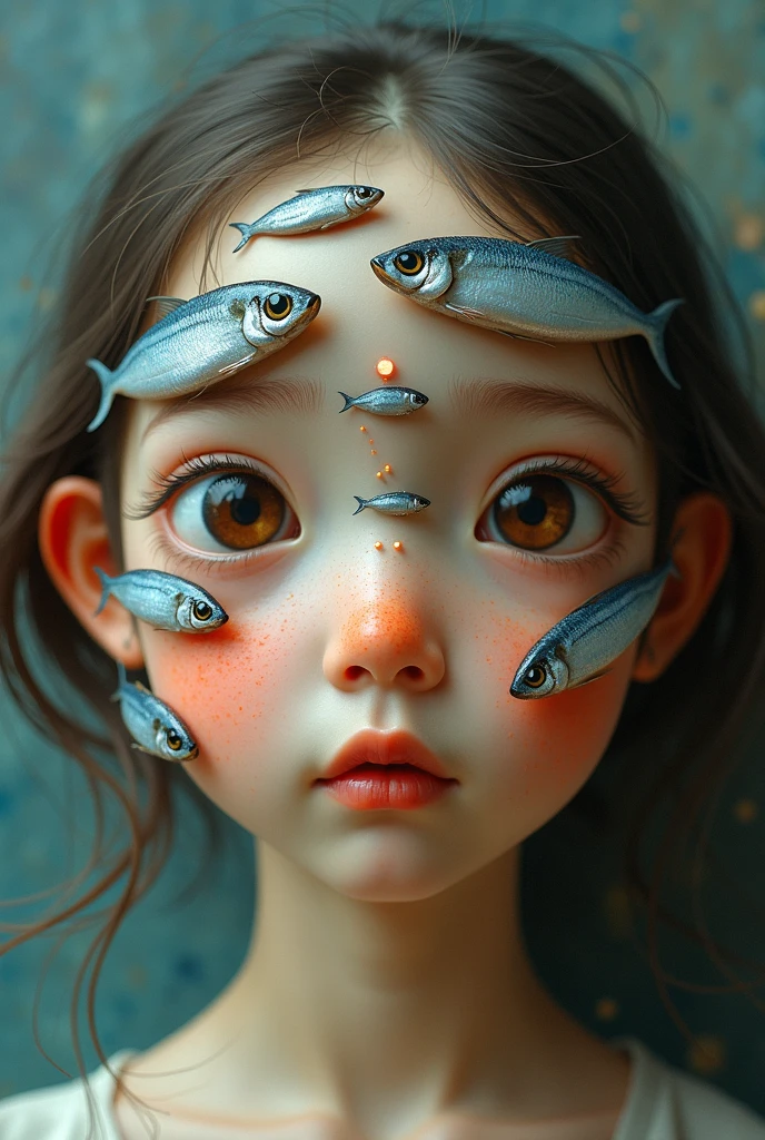 Painting of a girl with deer antlers on her head, Estilo Mark Ryden, Mark Ryden muy detallado, Estilo de Mark Ryden, Naoto Hattori, Surrealismo pop lowbrow, Mark Ryden en el estilo de, benjamin lacombe,  Earley, Surrealismo pop Lowbrow Art Style, Arte lowbrow, por Mark Ryden,  cute and beautiful, wearing cap, more details, amazing,  shes under the water, only her eyes see above the water, in the water theres an octopus Octacles, with origami paper boat in the water, her eyes is beautiful with eye bags, with details, cute, colorful