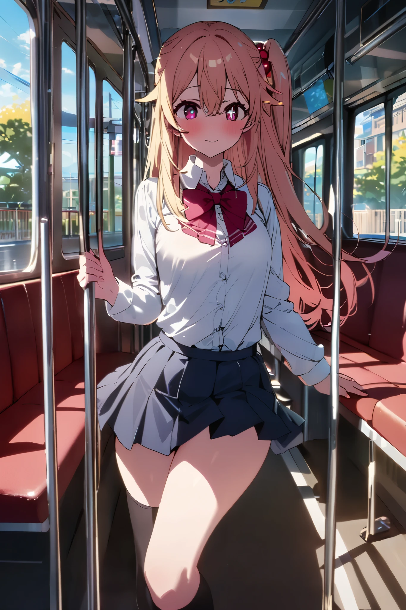 NSFW,masterpiece, top quality , high res, very detailed,Hoshino Ruby\(My Favorite \),Star-shaped pupils, long hair, side ponytail,Blonde, school uniform, dress shirt, miniskirt, knee-high socks, Tram