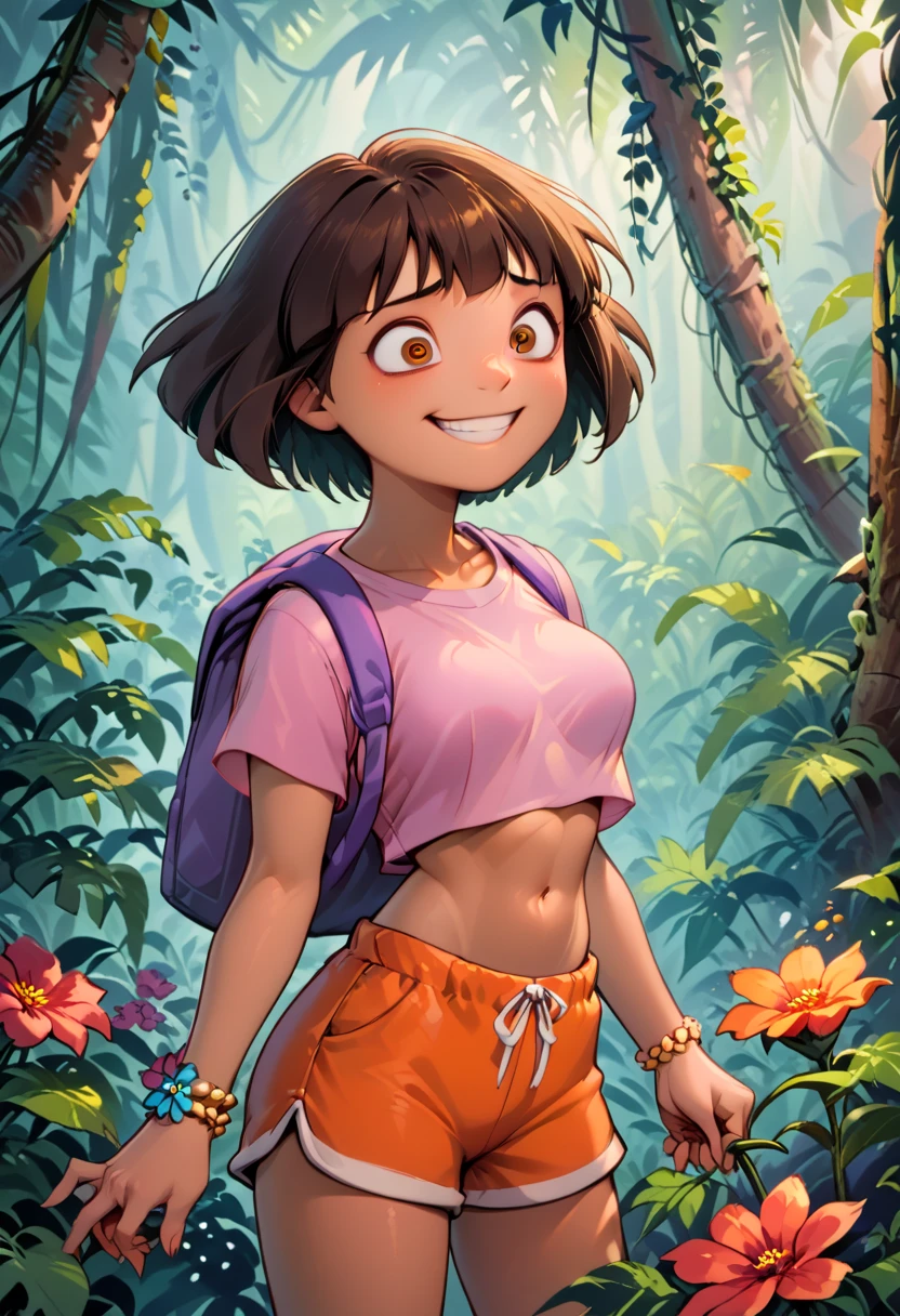  solo, cute, medium breasts, Dora, crazy eyes, worried, smile, holding a flower, red flower, brown eyes, in a jungle outdoors, dark-skinned female, bob cut, (pink shirt), crop top, bare midriff, loose shirt, (orange shorts), bracelet, backpack, (slender athletic body), 