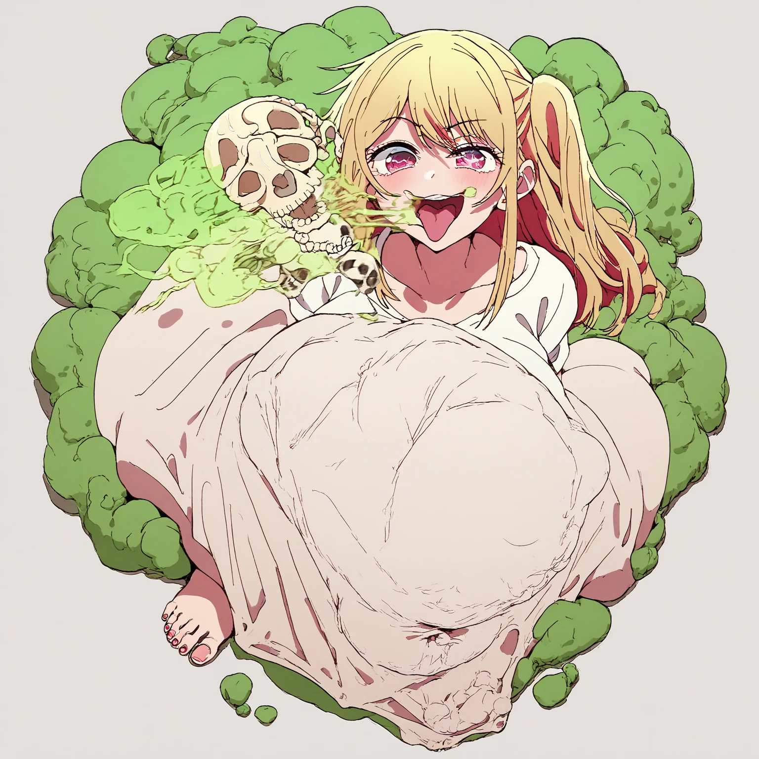 Ruby hoshino, burping, digesting, bones. Ruby hoshino lets out a massive green burp to show she is satisfied, 1 pred, 1 Girl, Ruby Hoshino's eyes are 6 pointed star pupils on both eye, High Details, burping up bones, ruby hoshino at the right mixing her boney burps, bones, skull, gas, green cloud, hot breathe, full body view, head to feet, showing feet to viewers face