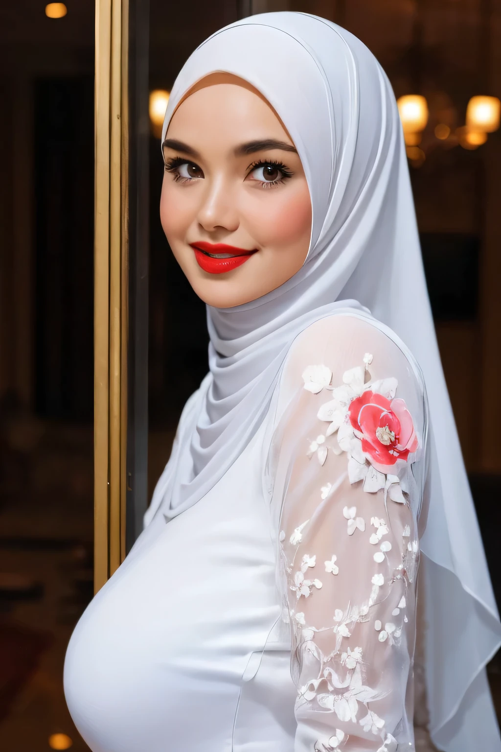 (Strapless dress), Chubby adorable, 2 girl, (face to face), , , happy, half body portrait, (face details: 1), (eye details: 1), ((big breasts)). wearing transparent transparency soft soft long shirt, ((memakai hijab putih)), .. Cute posed. proportional body. Ultra High Res. realistic: 1.4, UHD, (floral pattern), view from side seductive pose (naked white), (red lipstick)
