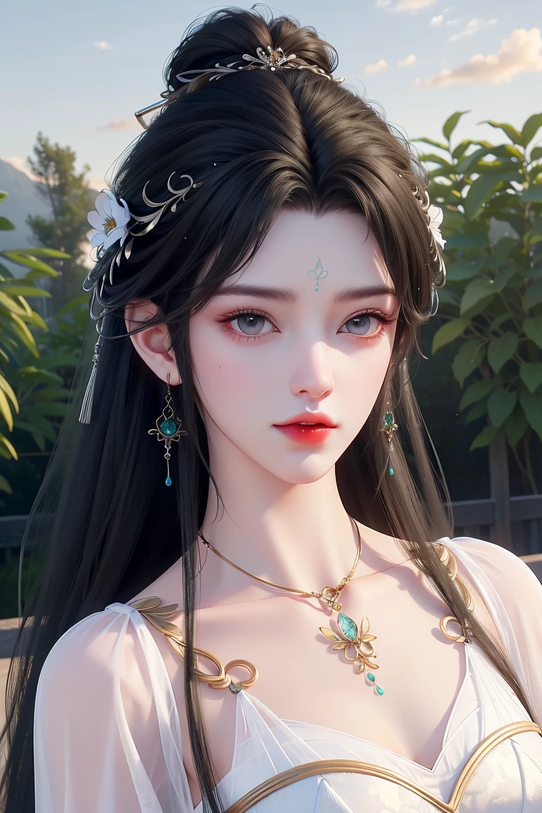 (masterpiece),(best quality:1.5),8k,absurdres,highres, Glowing skin:1.3, shiny skin, oil skin, 
luxueqi,
1girl,solo,jewelry,hair ornament,crystal earrings,earrings,long hair,black hair,forehead mark,crystal,crystal hair ornament,alpha transparency,see-through,hair bun,dress, white dress,facial mark,simple background,realistic,expressionless,single hair bun,closed mouth, (upper body), outdoor, garden, fingers_to_mouth,(looking at viwer:1.5), garden,