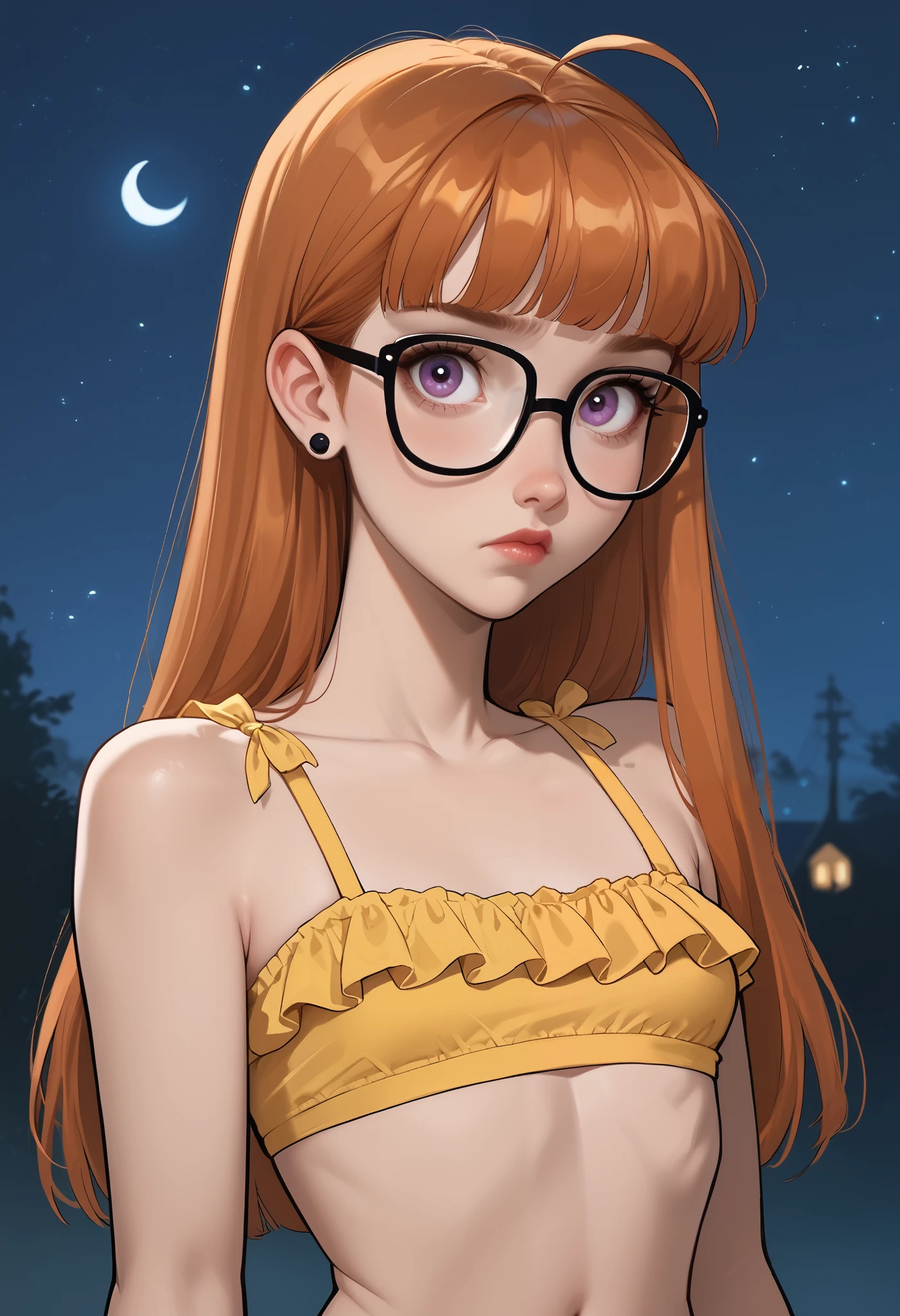  1girl,  sad expression , earrings, (small breast, ultra thin body:1.4),  ultra-thin futabaswim body ,  orange hair,  long hair, blunt bangs, (glasses), ahoge,   purple eyes  , yellow bikini, frilled bikini , navel, waist,  looks at the viewer , portrait. (Night:1.4). score_9, score_8_up, score_7_up. in Disney style.