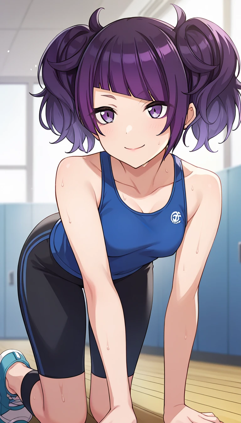 defBernie, messy hair, Racing-style swimsuit, 1girl, solo, An athletic body, Sitting, On the floor, Split Horizon, stretch, horizontal splits, stretch regs, hands on floor