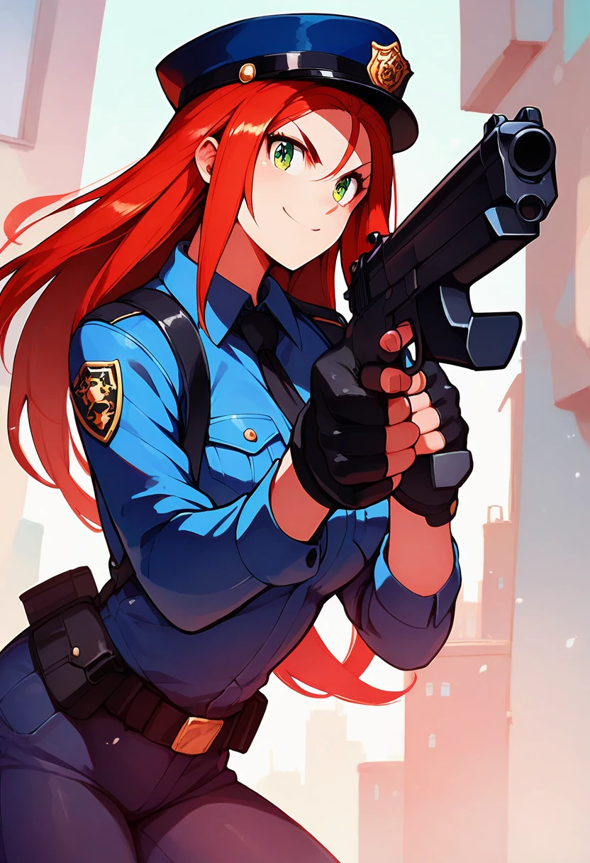 , 1, 20s female, green eyes, long red hair, dressed as a police officer, aiming a gun, confident stance, smiling, shooting at a victim, city background