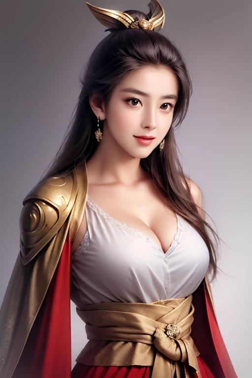 ((The upper body of a female warrior wearing gold and red armor and a cloak:1.4)),1 person,  black hair,  belly shortcut   ,Big breasts and cleavage,  high-definition face and skin texture  ,  staring at the camera,   Chinese Warrior:1.2,  perfect beauty: 1.4, fine grain,  double eyelids in a judo suit ,  whitening for women with bristles, top quality ,  super high res ,  simple background，Symmetrical Normal Eyes   , hair accessories, Slim Waist ,