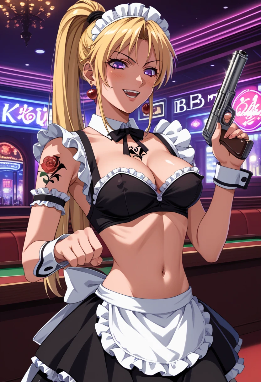 looking at viewer,evil smile,shaded_face,parted lips,looking down,
solo,KaoriSaeki,1girl,blonde hair,ponytail,purple eyes,
, ear piercing, long hair, blush, lipstick,Hot girl, baddie, smoking, sensual, attractive ,bar
background, inside bar,indoors, cityscape, casino, nightclub, city lights, jewelry, earrings, complex detailed background, casino environment, fancy interior environment, rich
interior, masterpiece, best quality, highly detailed, a anime girl in maid uniforms, holding pistol, maid
outfit, cleavage, evil smile, smile, open mouth ,ecchi anime style, anime girls, ecchi style, ecchi, digital
anime art!!, in anime style, official artwork, (nsfw) not safe for work, beautiful anime maid girl, anime
style 4 k, micro skirt, exposed belly, exposed navel, exposed midriff, exposed lower belly, holding a gun,,nipple slip, ,, dragon tattoo , tattoo midriff, rose tattoo, shiny skin, open
arms sideway, arms T-pose, smirk, standing, anime girl T posing