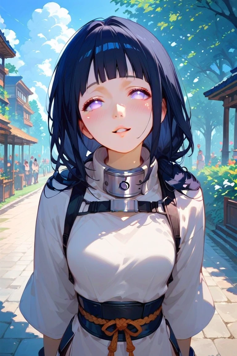 score_9, score_8_up, score_7_up,    1girl, solo,Hinata Hyuuga,fantasy, Hinata parted lips, black hair hair, braid, ,natural face, hourglass body ,in park, fantasy world, front view, warm light, excited expresion, armor body, peace sign, blush