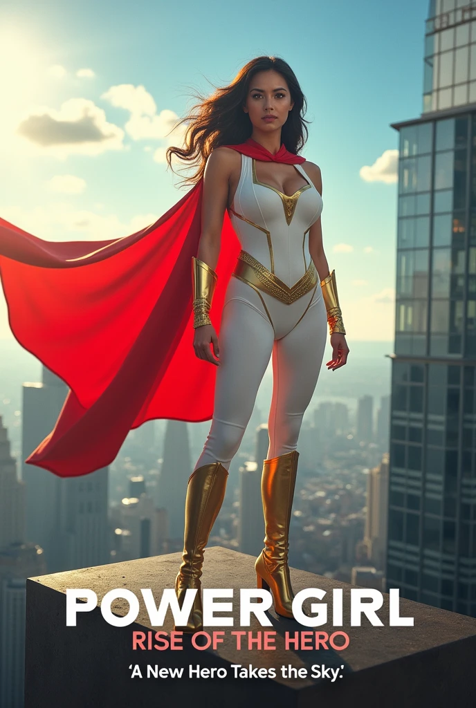 a high resolution photograph of a beautiful cinematic vickylla woman  as super hero, super short light blue skirt, light blue and white cape, superhero pose, standing on a roof with a complex city background, long blowing hairstyle, dark light night, intricate, elegant, sharp focus, hyper realistic, fantasy, dark eye makeup, 30 years old, looking towards the camera, golden boots
 <lora:vickylla:1>