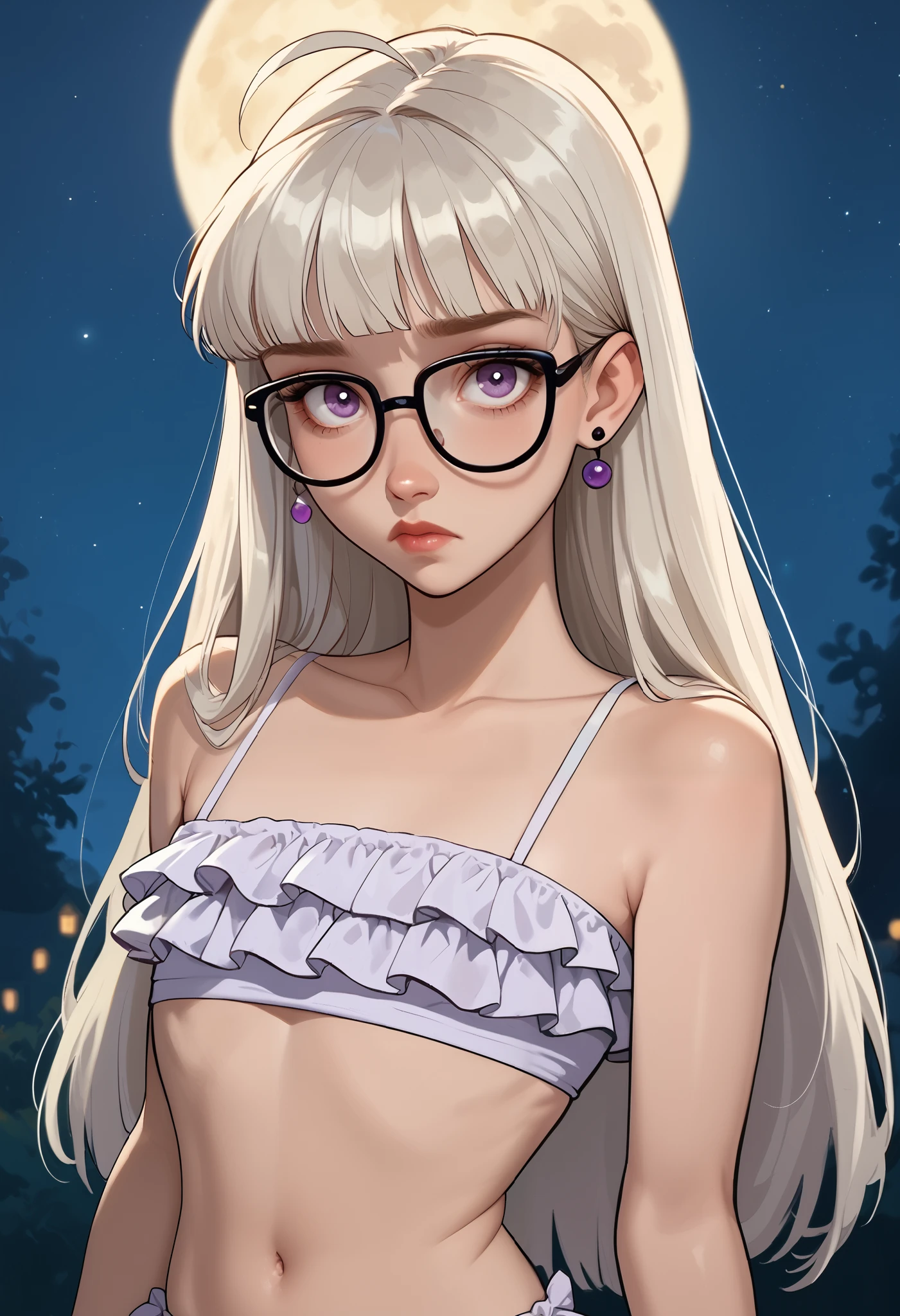 1girl, sad expression , earrings, (small breast, ultra thin body:1.4), ultra-thin futabaswim body , ashy hair , long hair, blunt bangs, (glasses), ahoge, purple eyes , platinum bikini, frilled bikini , navel, waist, looks at the viewer , portrait. (Night:1.4). score_9, score_8_up, score_7_up. in Disney style.