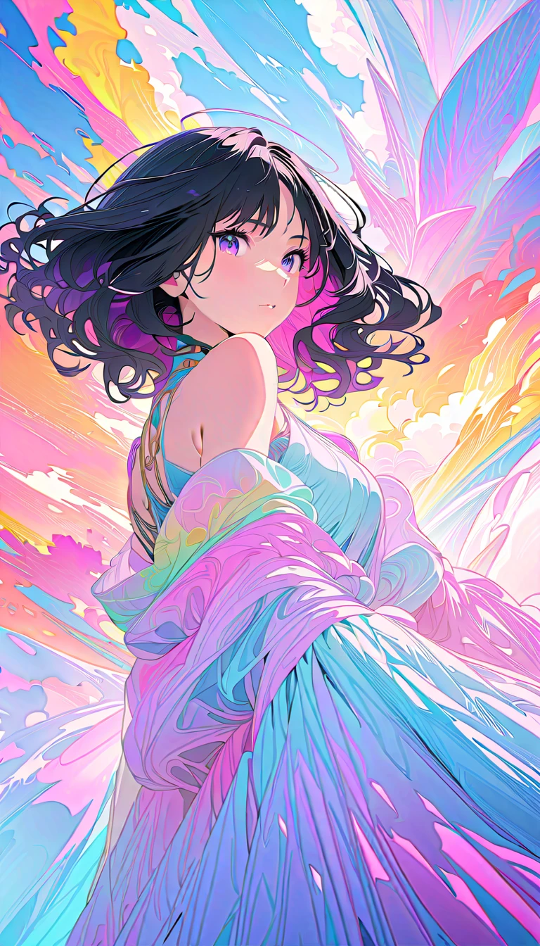Best Quality, Very detailed, High resolution, Vibrant, masterpiece, Best Quality, Best aesthetics, One Woman, Super Fine, 8k, Very detailed, Beautiful Goddess, Pastel colored clouds, Pop Art, Delicate and dynamic, Pastel Color Fantasy, Black Hair, Official Art, Dynamic Angle
