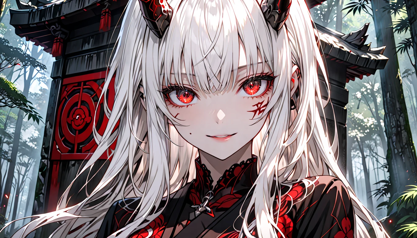 female, oni, flesh horns, dark luxurious kimono, white hair, long hair, small breasts, cleavage, red eyes, huge kanabō resting on ground, forest, Japanese shrine, straight hair, feminine, sadistic smile, close up