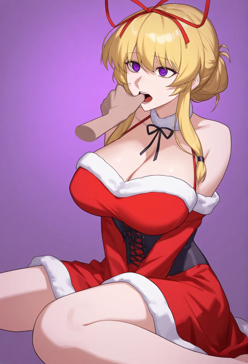 masterpiece, best quality, 1girl, solo, adult, mature, yukari yakumo, blonde hair, purple eyes, large breasts, cleavage, red xmas dress, corset, finger in another mouth, empty eyes, hypnotized eyes, spiral eyes, wariza, no background