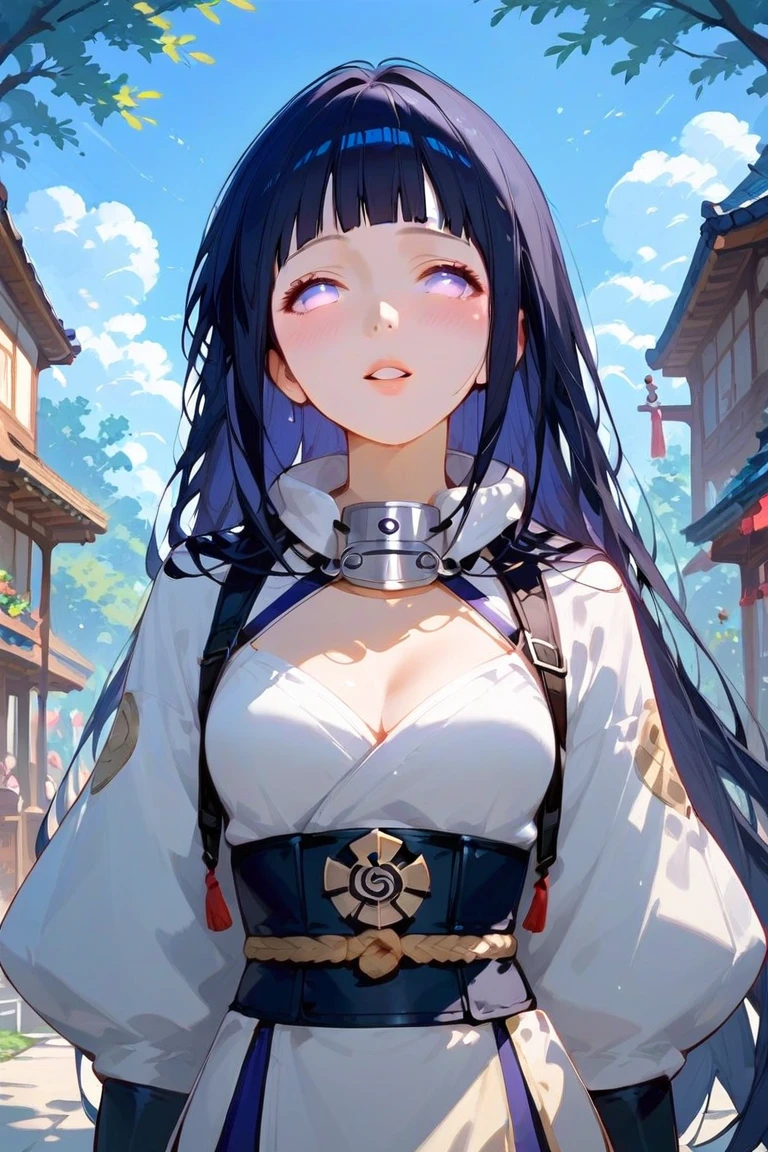 score_9, score_8_up, score_7_up,    1girl, solo,Hinata Hyuuga,fantasy, Hinata parted lips, long black hair hair, ,natural face, hourglass body ,in park, fantasy world, front view, warm light, excited expresion, armor body, peace sign, blush, perfect background, in hall