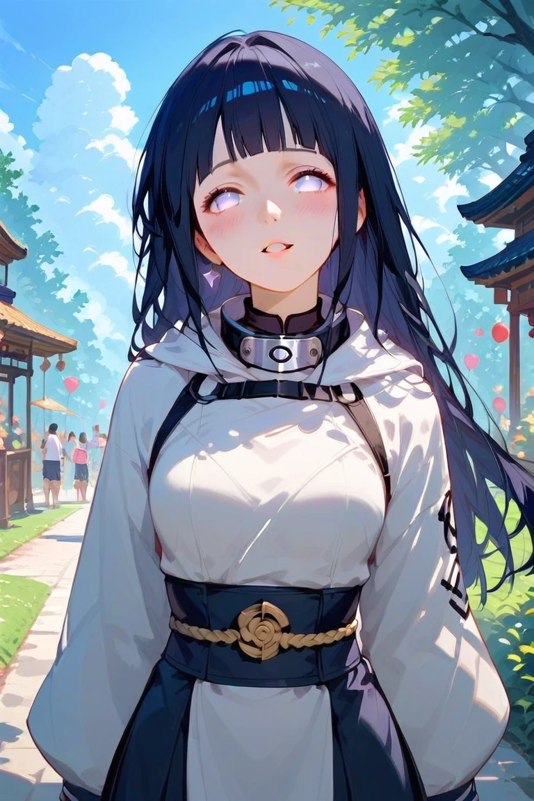 score_9, score_8_up, score_7_up,    1girl, solo,Hinata Hyuuga,fantasy, Hinata parted lips, long black hair hair, ,natural face, hourglass body ,in park, fantasy world, front view, warm light, excited expresion, armor body, peace sign, blush, perfect background, in hall