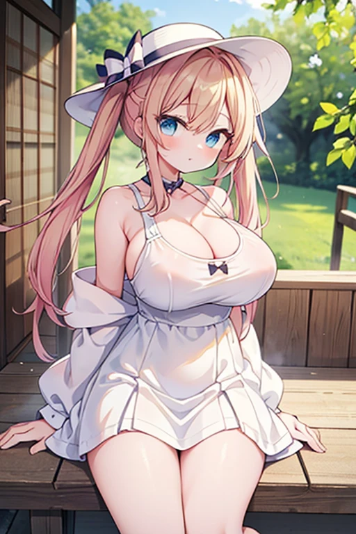 Highest quality,masterpiece,8k,Anime Style,Blondehair,pinkhair with blue eyes、camisole、race,White camisole dress micromini skirt,Cleavage,Side view,Large Breast,NSFW, Twin tails、Cute eyes,Sun hat(Sun hat),Japan daytime,Smooth thighs,Accentuate your breasts,glamorous,